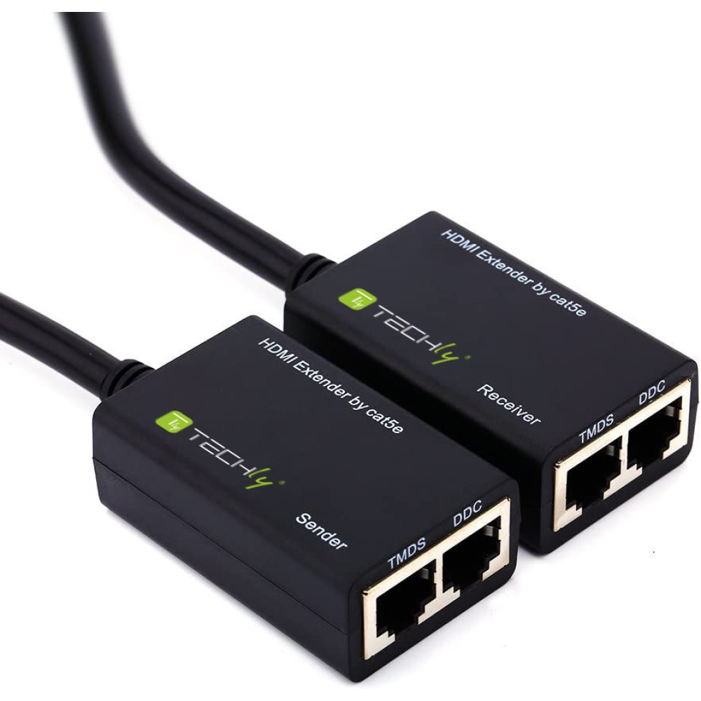 TECHLY HDMI Extender mit eingebautem Kabel 30m Lieferumfang HDMI Sender und HDMI Empfaenger