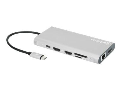 MANHATTAN USB-C PD 12-in-1-Dockingstation mit MST für drei HDMI-Monitore 4xUSB-A Ports RJ45 SD/MicroSD USB-C Power Delivery 100 W