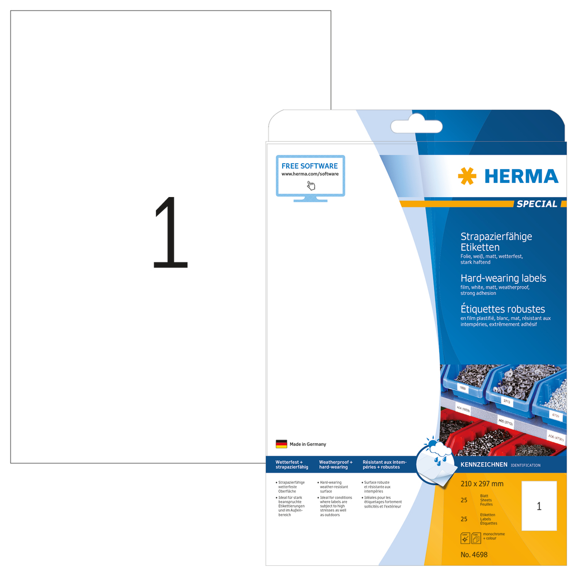 25 HERMA wetterfeste Folienetiketten 4698 weiss 210,0 x 297,0 mm