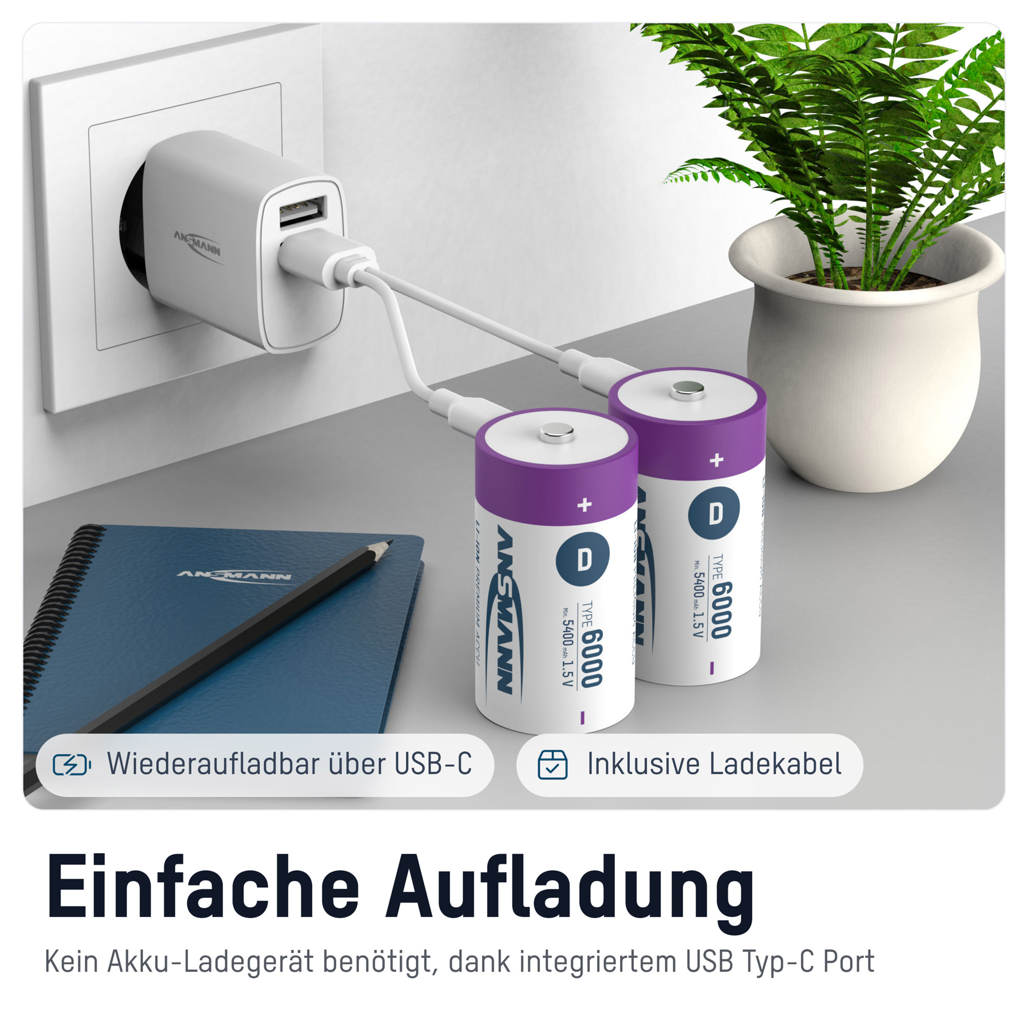 2 ANSMANN USB-Akkus mit Ladekabel 6000 Mono D 5.400 mAh