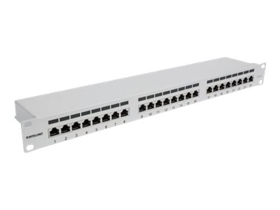 INTELLINET 24-Port Cat6a Patchpanel geschirmt 24 Ports FTP 1 HE Klemmleisten mit 90 Grad abgewinkelten Kabeleinfuehrungen grau