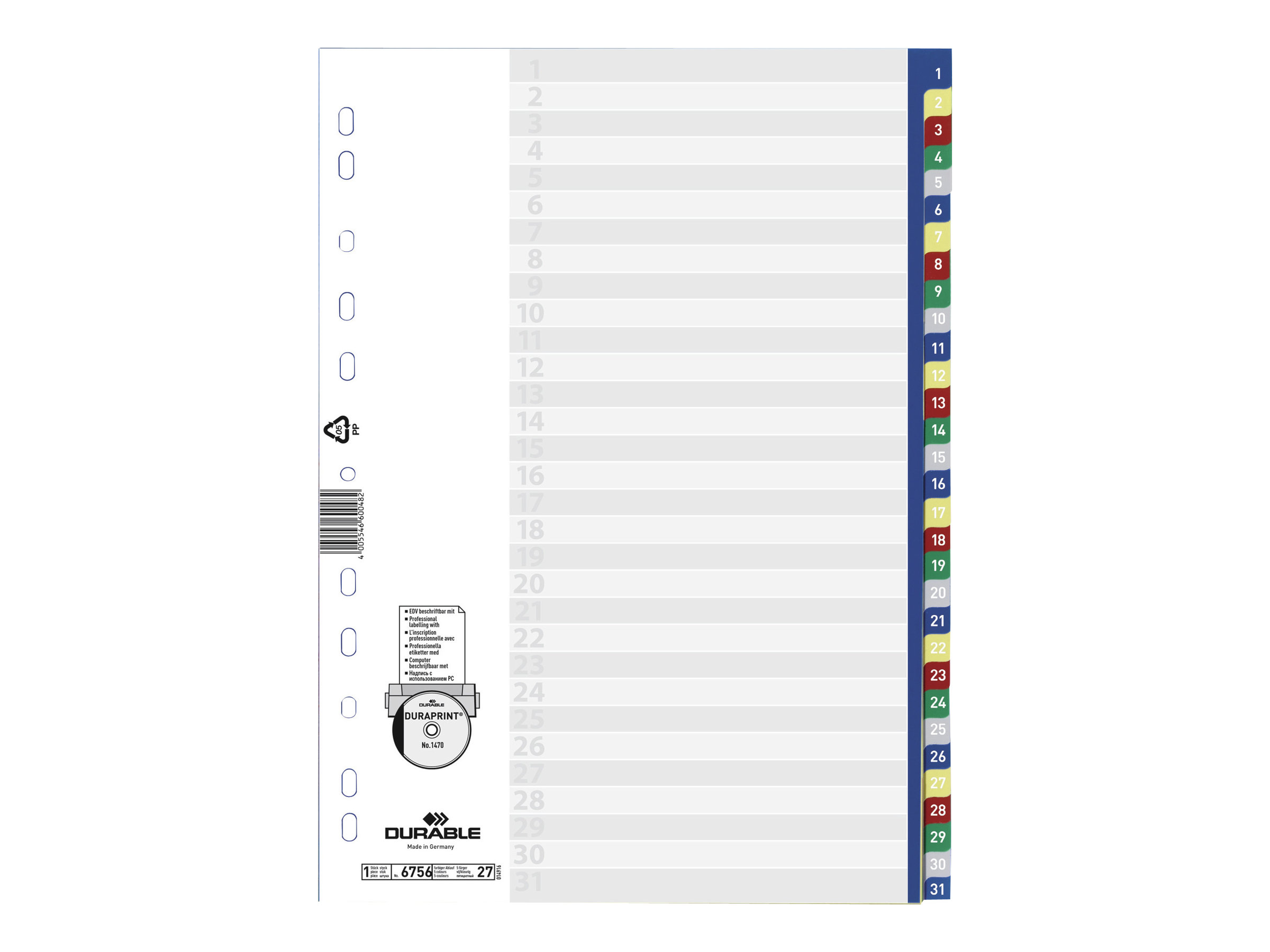 DURABLE Ordnerregister Vollformat 1-31 blau, gelb, rot, gruen, grau 31-teilig, 1 Satz DURABLE Ordnerregister Vollformat 1-31 blau, gelb, rot, gruen, grau 31-teilig, 1 Satz