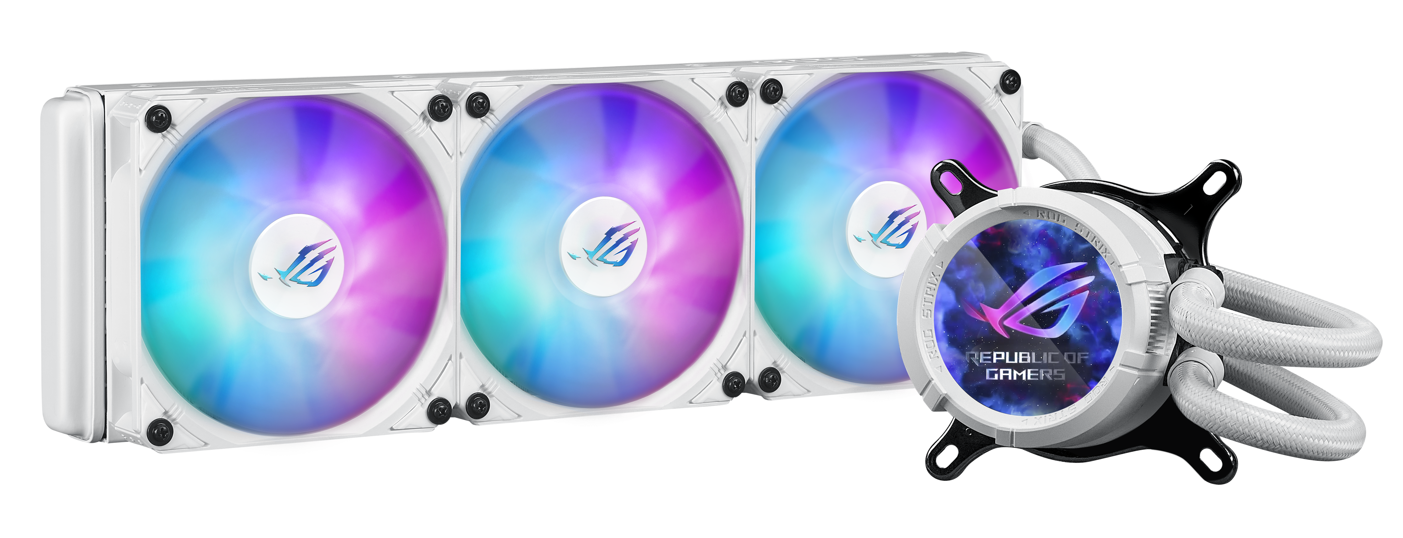 ASUS ROG Strix LC III ARGB LCD WHT allinone CPU liquid cooler with 21 IPS LCD Aseteks new Gen7 v2 pump and premium ROG ARGB fans