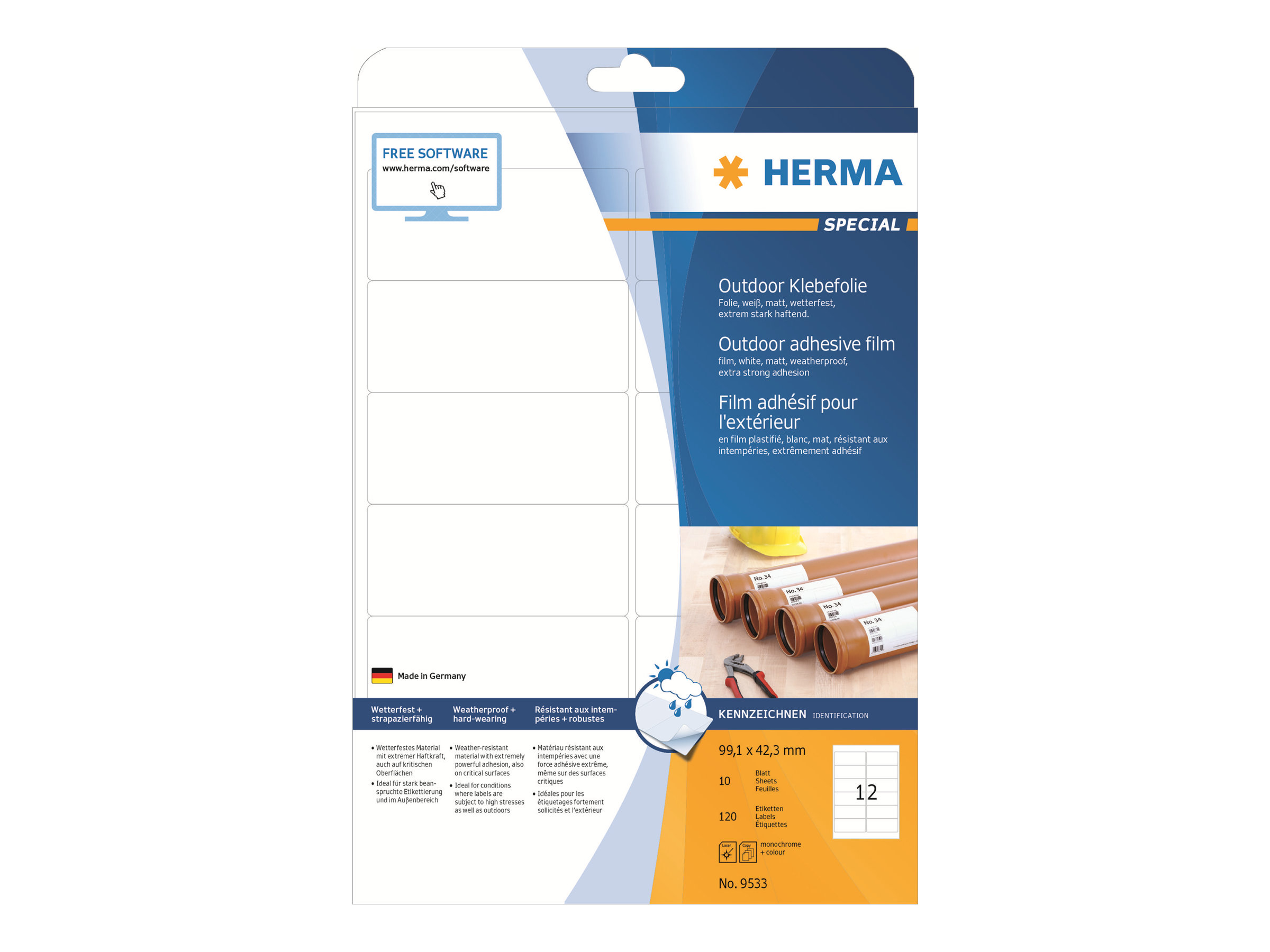 HERMA FolienKraftklebeEtiketten 9533 weiß 99,1 x 42,3 mm, 10 Blatt