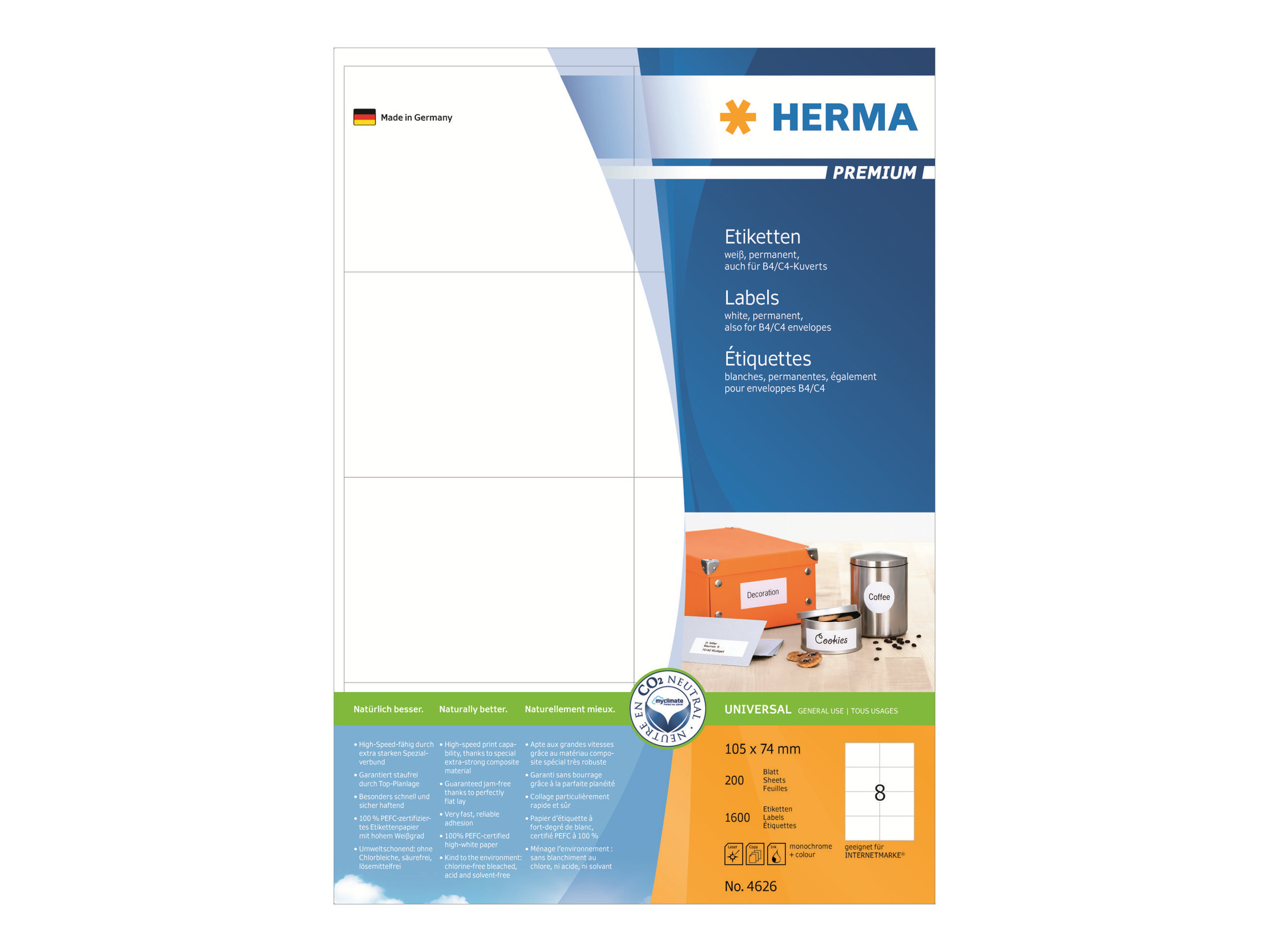1.600 HERMA Etiketten 4626 weiÃ 105,0 x 74,0 mm