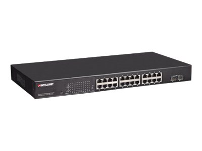 INTELLINET 24-Port PoE Gigabit Switch Web-Managed 2 GBIC SFP Ports Ausgangsleistung bis zu 30 Watt pro Port PoE+ IEEE 802.3at/af