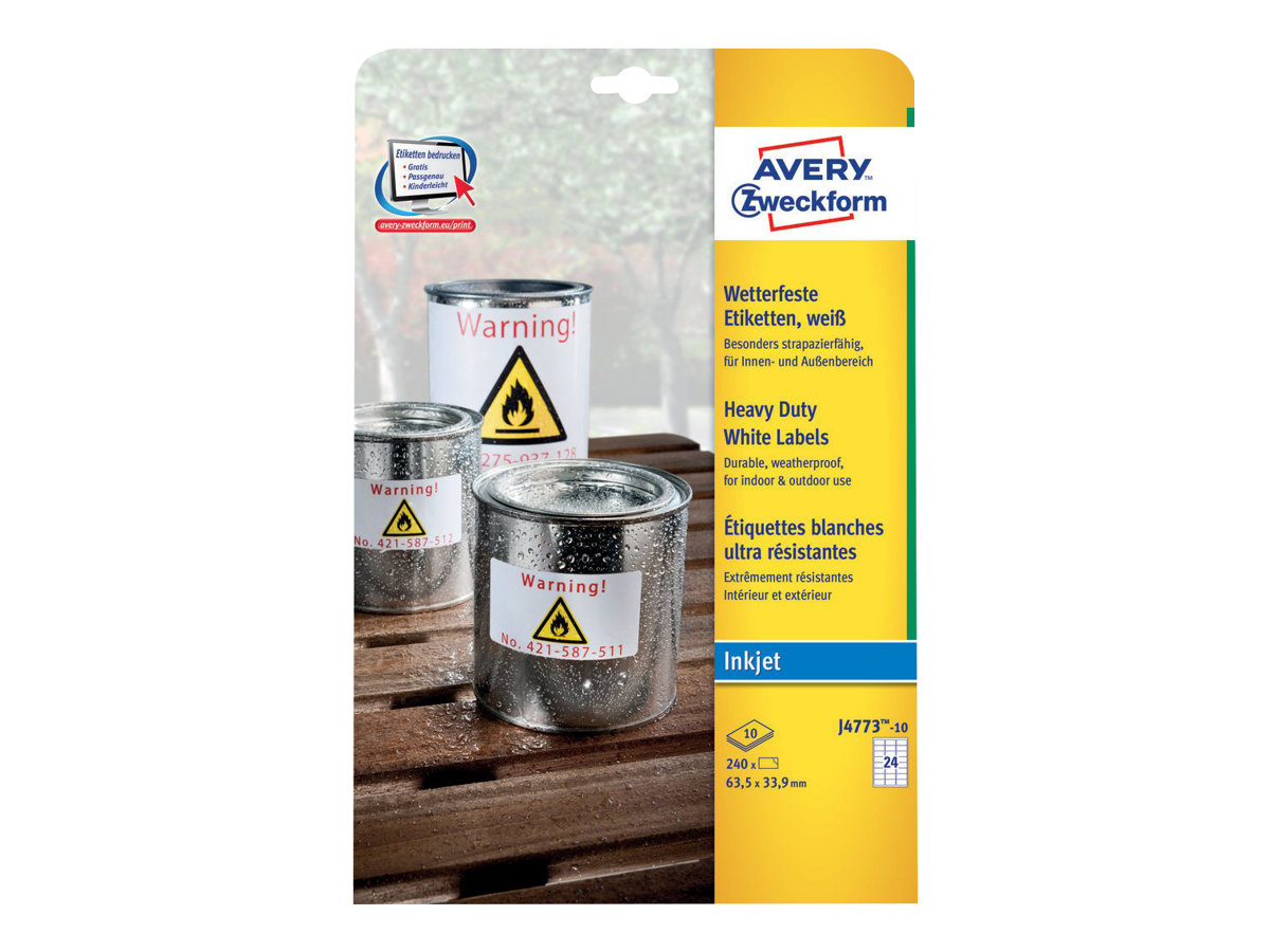 240 AVERY Zweckform wetterfeste Folienetiketten J4773-10 weiss 63,5 x 33,9 mm
