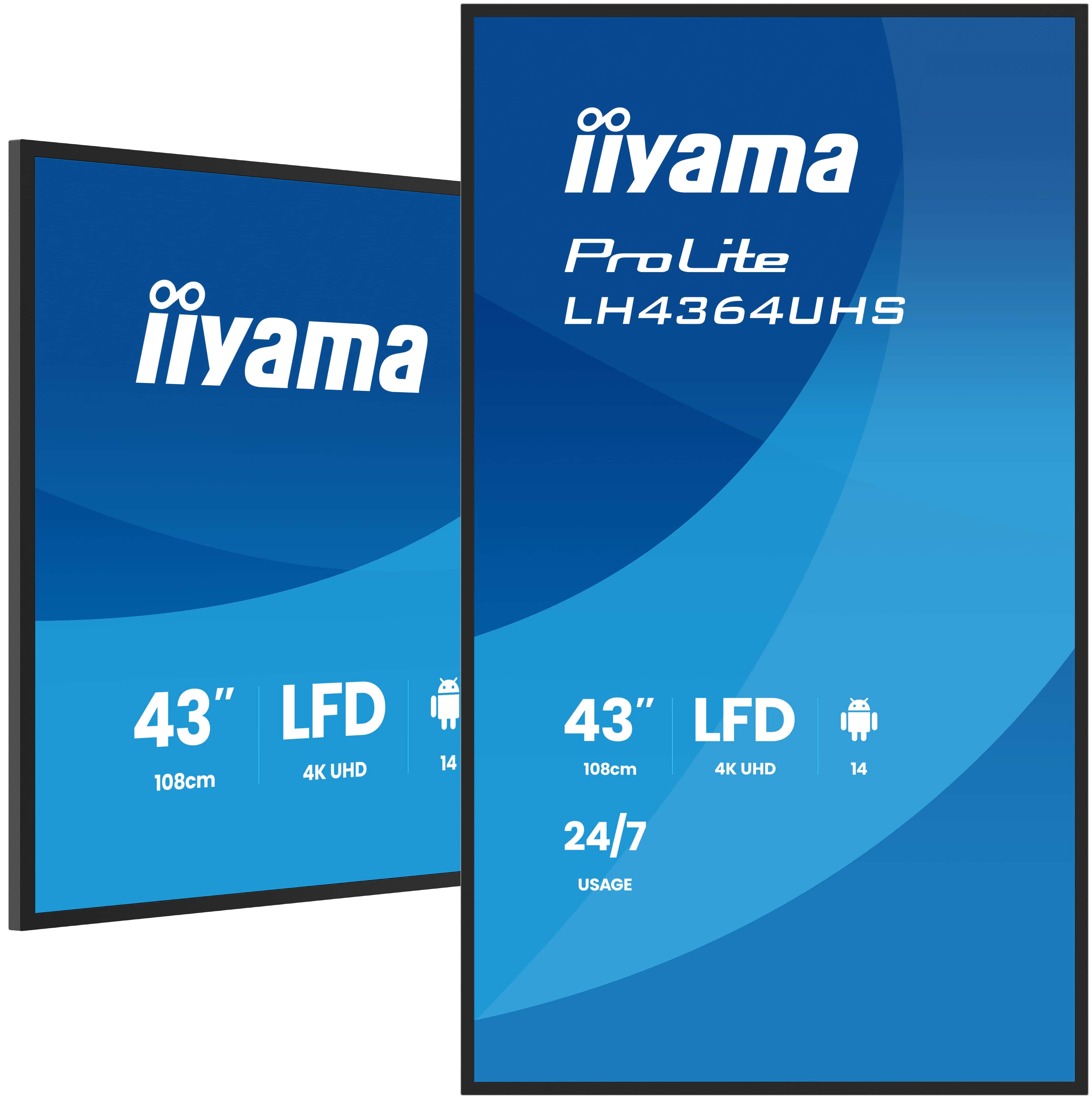 IIYAMA LH4364UHSB1AG 109,22cm 43Zoll 3840x2160 UHD VA DLED 500cdm2 Landscape and Portrait Speakers 2x 10W 2x HDMIx 1x USBC