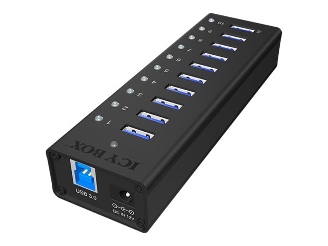 ICY BOX IB-AC6110 10 Port USB 3.0 HUB mit USB Ladeport 5V 2.1A Stabiles Aluminium Gehaeuse