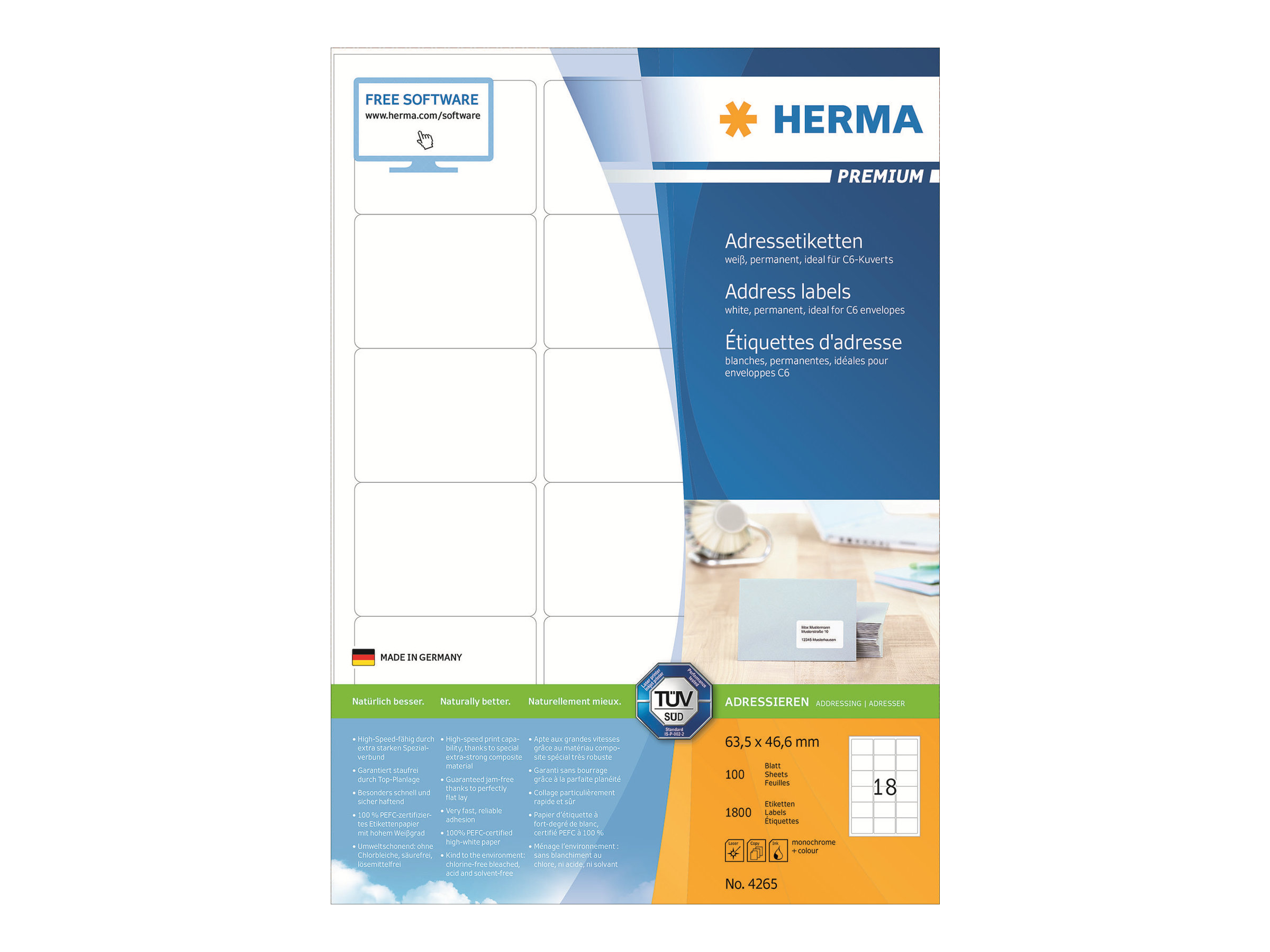 1.800 HERMA Adressetiketten 4265 weiÃ 63,5 x 46,6 mm