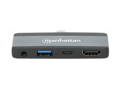 MANHATTAN USB-C PD 4-in-1 Mobile Dockingstation 100W HDMI 4K30Hz USB-A 10 Gbit/s 3,5mm Klinke Passthrough-Ladeanschluss Aluminium