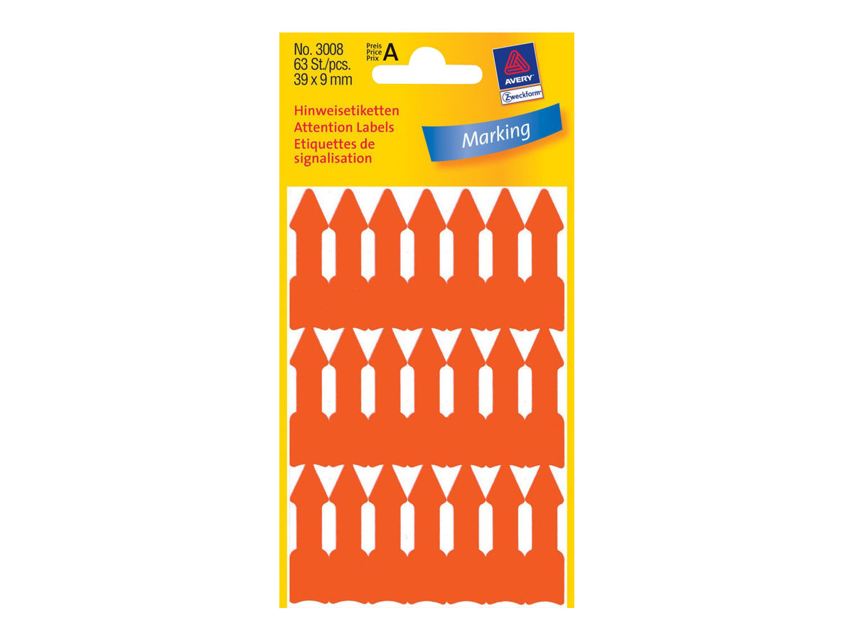 AVERY Zweckform Hinweisetiketten 3008 Pfeile, leuchtorange 9,0 x 39,0 mm, 63 Etiketten AVERY Zweckform Hinweisetiketten 3008 Pfeile, leuchtorange 9,0 x 39,0 mm, 63 Etiketten