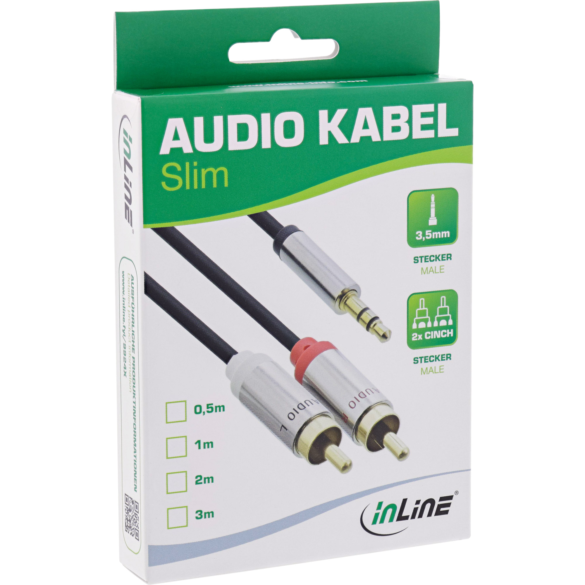 INLINE Slim Audio Cinch Klinke Kabel 3.5mm Stecker an 2x Cinch Stecker 3m