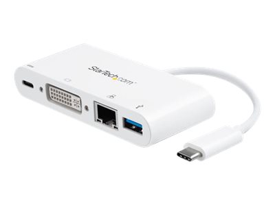 StarTech.com USB-C Multiport Adapter - USB-C auf DVI-D (Digital) Video Adapter mit 60W Power Delivery(Stromversorgung), GbE, USB-A - Tragbares USB-C/Thunderbolt 3 Mini Laptop Dock (DKT30CDVPD) - externer Videoadapter - weiß