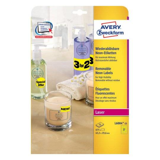 675 AVERY Zweckform Etiketten L6004-25 gelb 63,5 x 29,6 mm