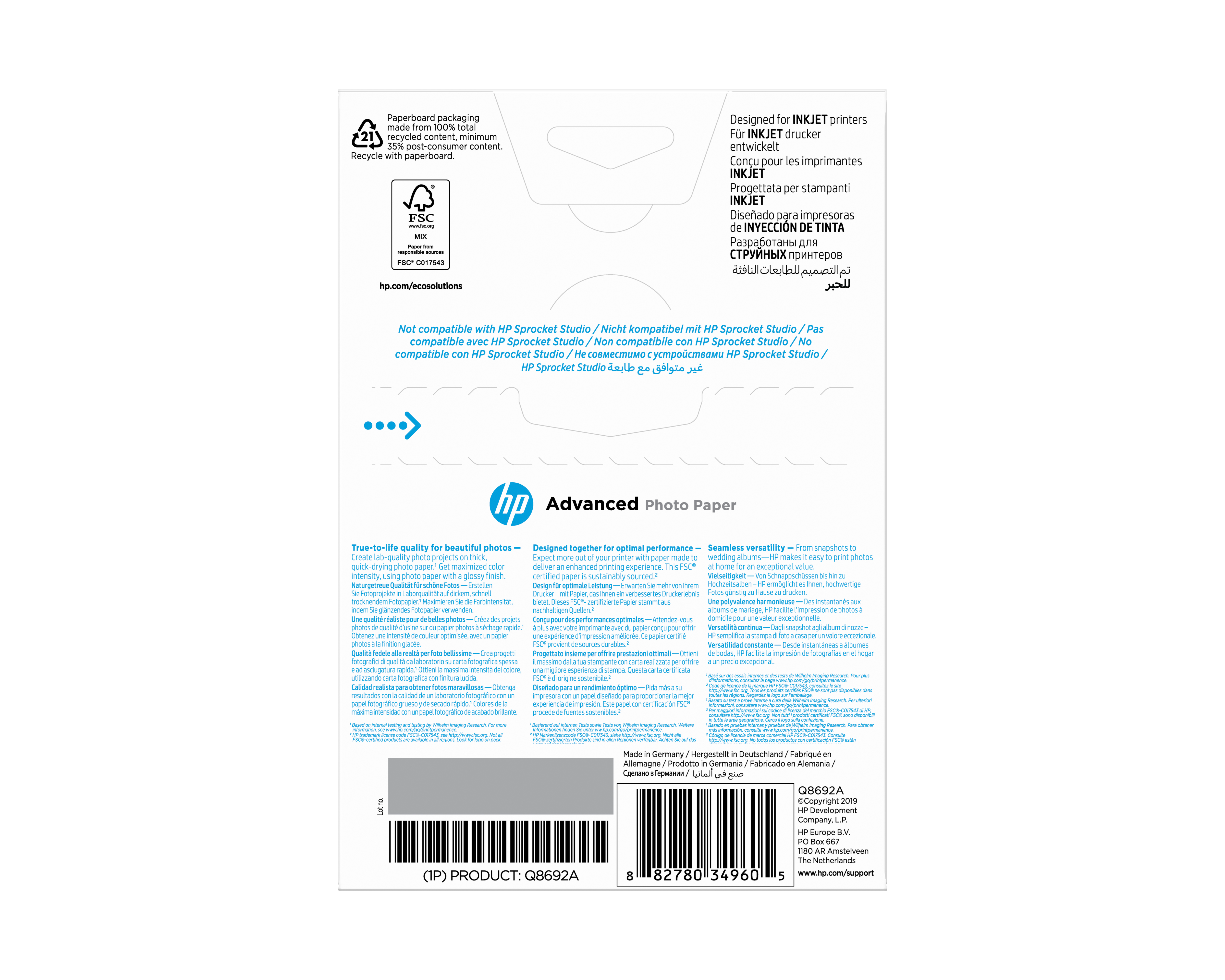 HP original Q8692A Advanced glossy photo paper Ink cartridge 250gm2 100x150mm 100 sheets 1pack borderless