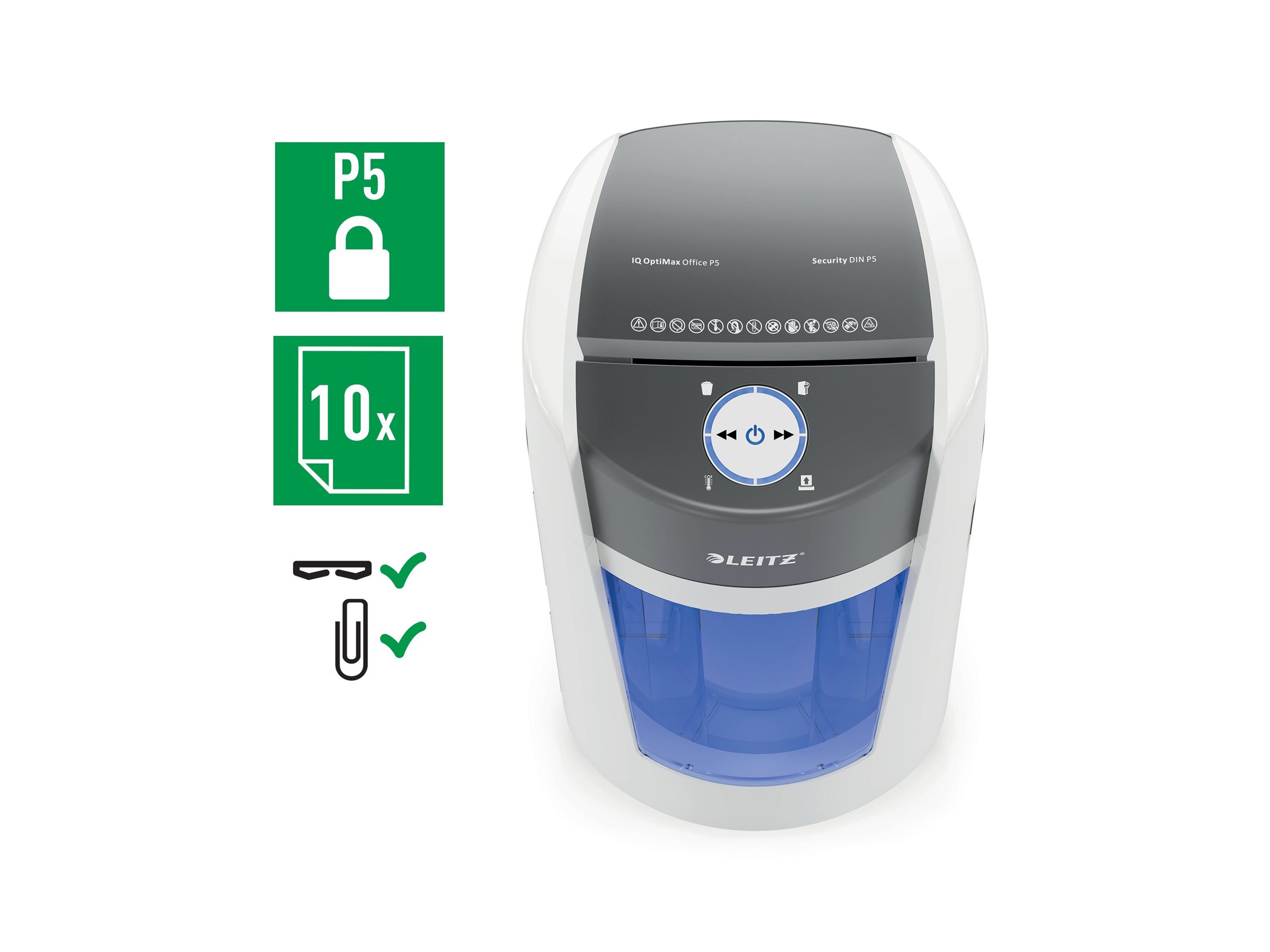 LEITZ IQ OptiMax Office Aktenvernichter mit Partikelschnitt P-5, 2 x 15 mm, bis 10 Blatt, weiss