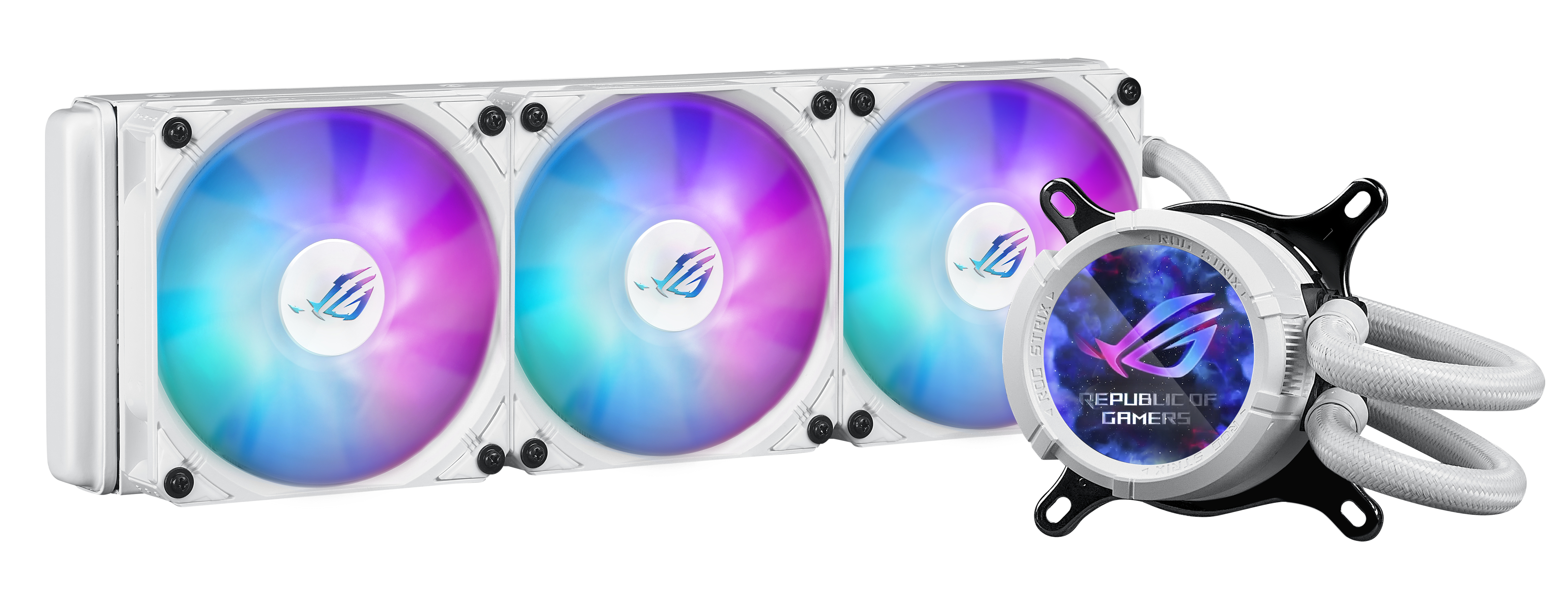 ASUS ROG Strix LC III ARGB LCD WHT allinone CPU liquid cooler with 21 IPS LCD Aseteks new Gen7 v2 pump and premium ROG ARGB fans