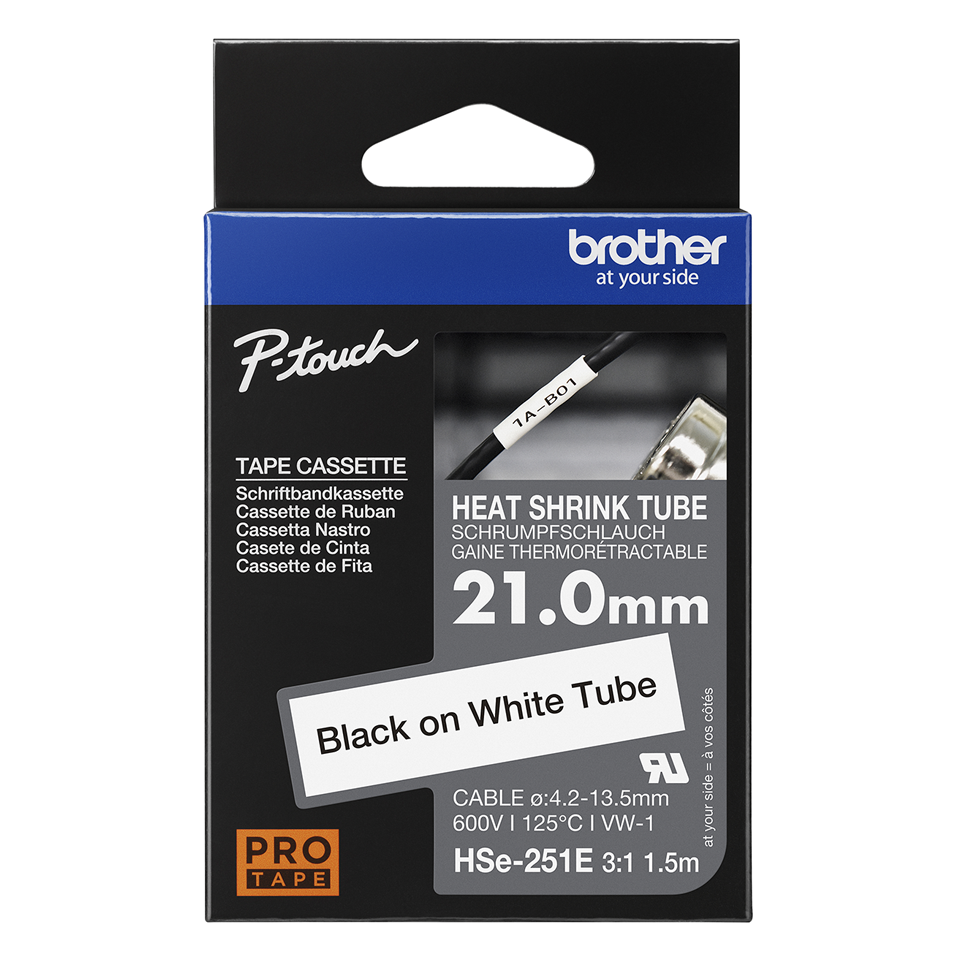 Brother HSe-251E Schrumpfschlauchkassette Schwarz-Weiß 21,0 mm