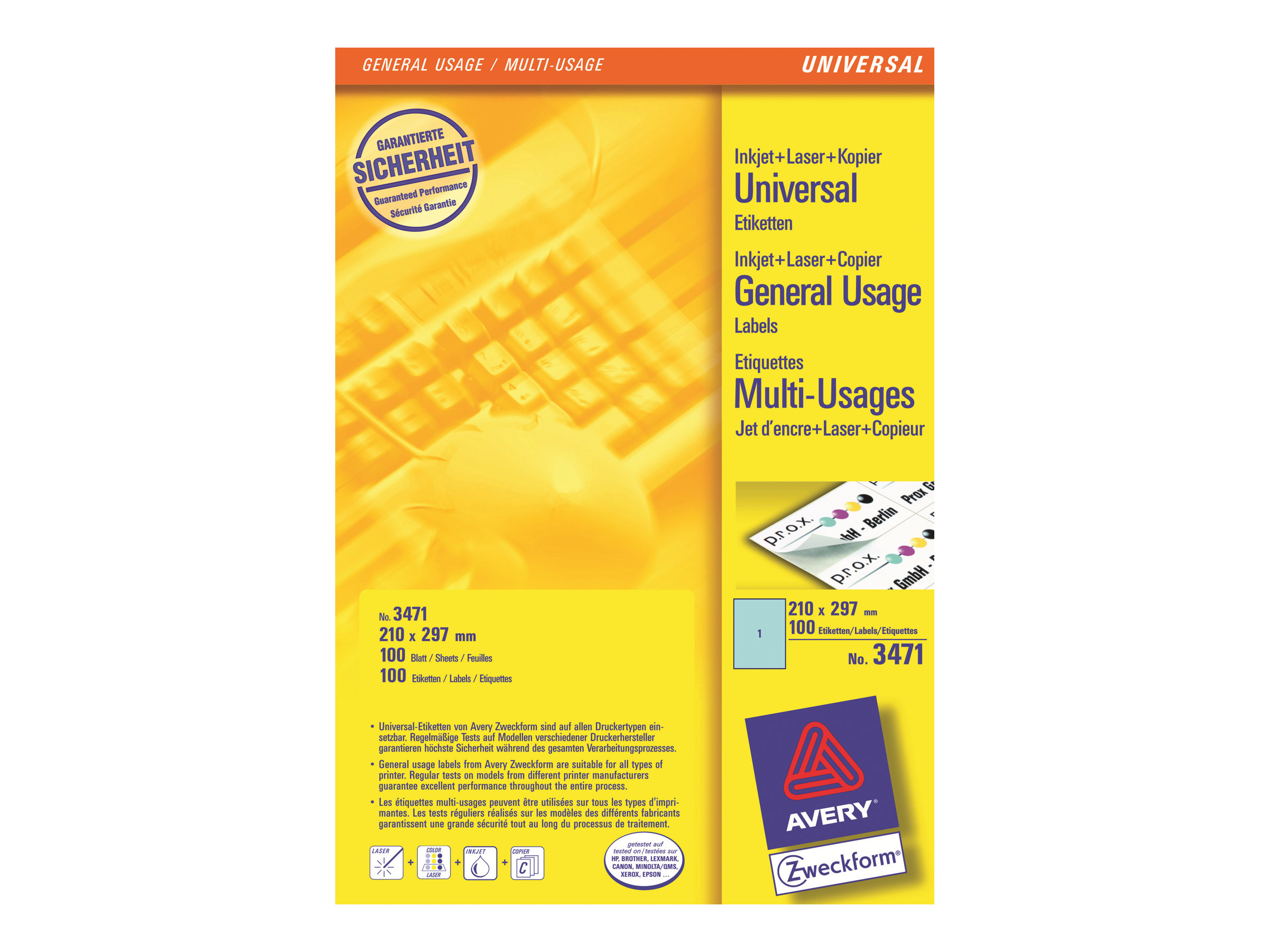 100 AVERY Zweckform Etiketten 3471 blau 210,0 x 297,0 mm