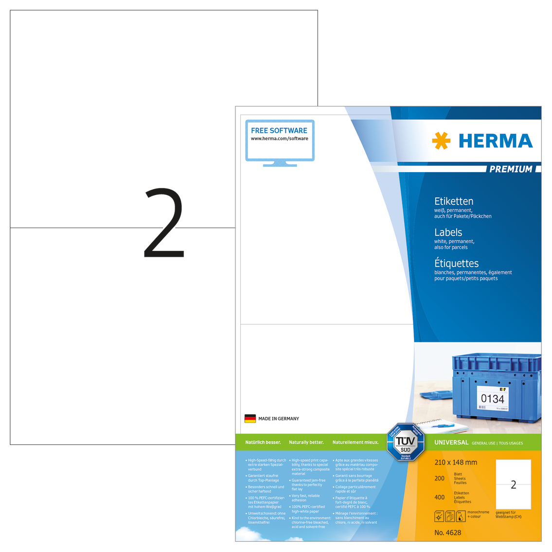 400 HERMA Etiketten 4628 weiss 210,0 x 148,0 mm
