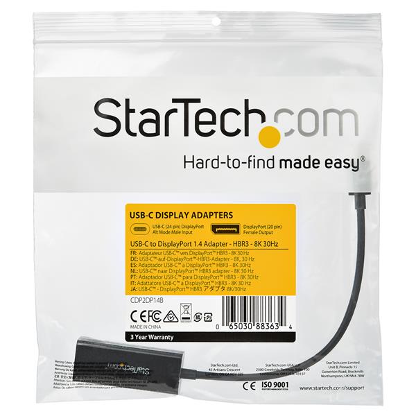STARTECHCOM USBC auf DisplayPort Adapter 8K 30Hz HBR3 Adapter Thunderbolt 3 Display Dongle für Ihren DP 14 Monitor