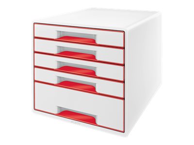 LEITZ Schubladenbox WOW Cube  perlweiss/rot 52142026, DIN A4 mit 5 Schubladen